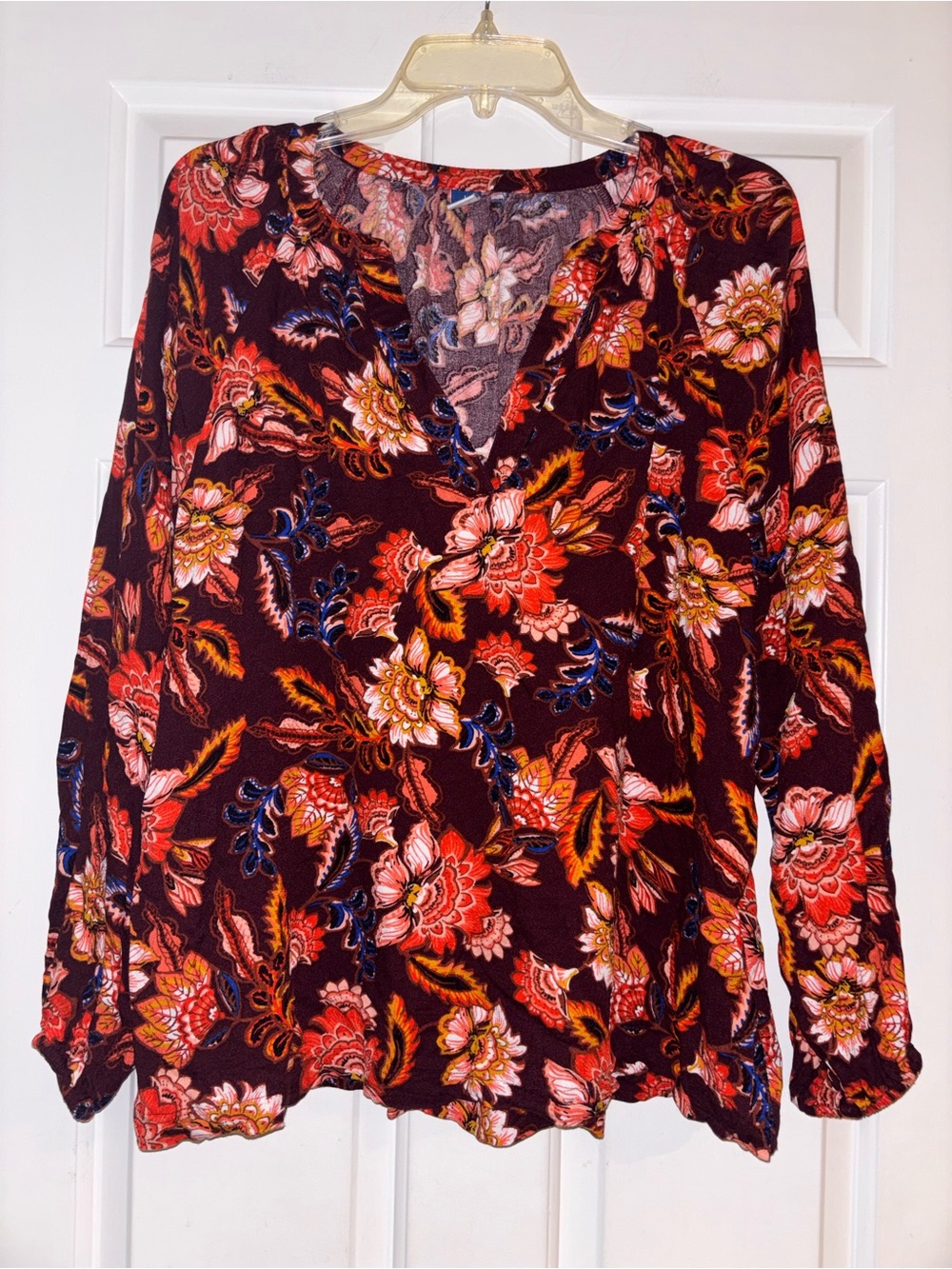 Old Navy Burgundy Floral V-Neck Blouse